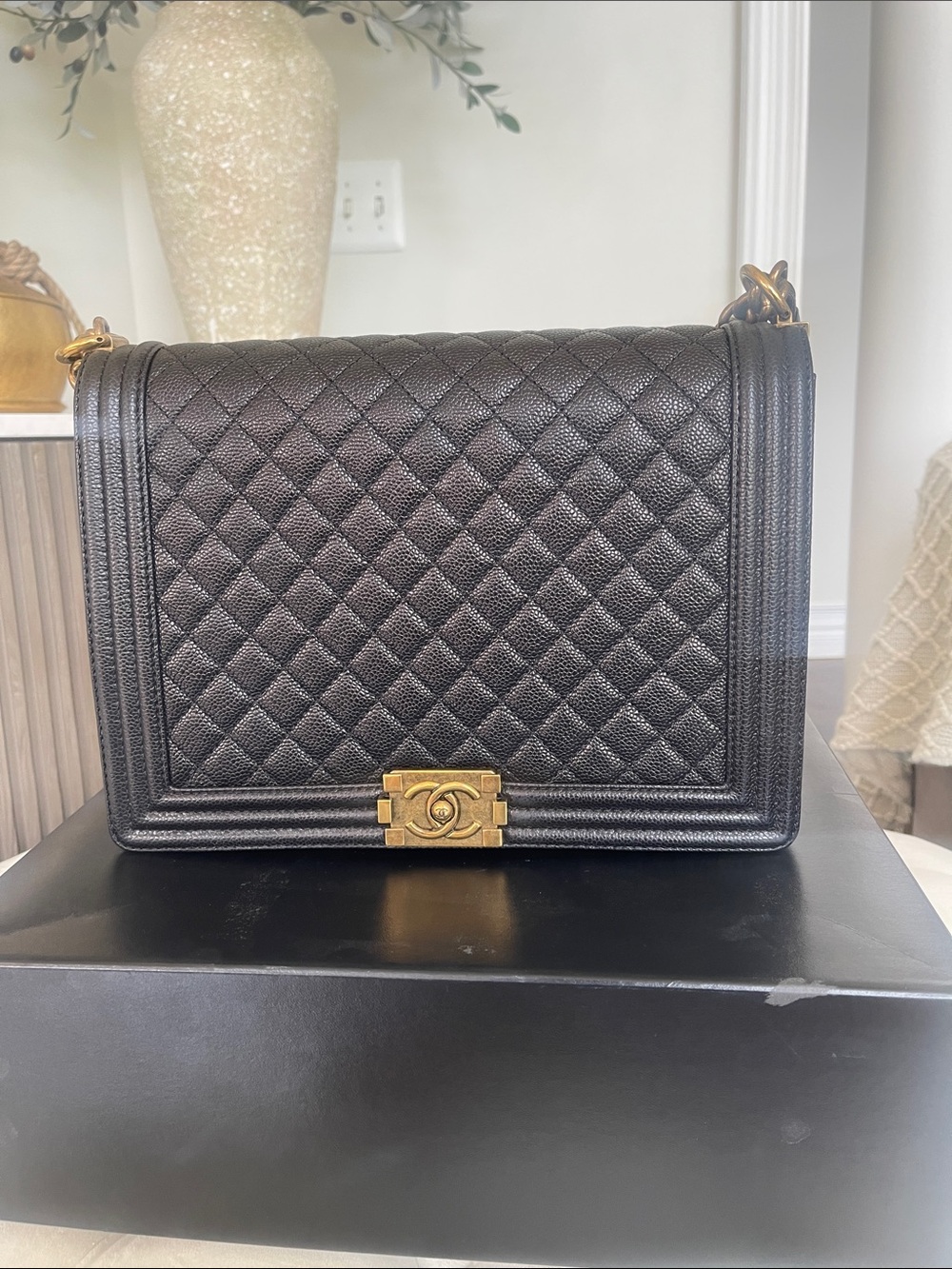 CHANEL Black Quilted Caviar Leather Boy Chanel Bag with Gold Hardware